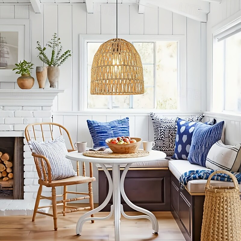 Lampa wisząca w stylu rustykalnym vintage, metalowa pleciona lina, splot bambusowy, wysokość 25 cm, ciepłe białe/białe światło, e26 e27, regulowany łańcuszek 2026 - $69.99 –P3