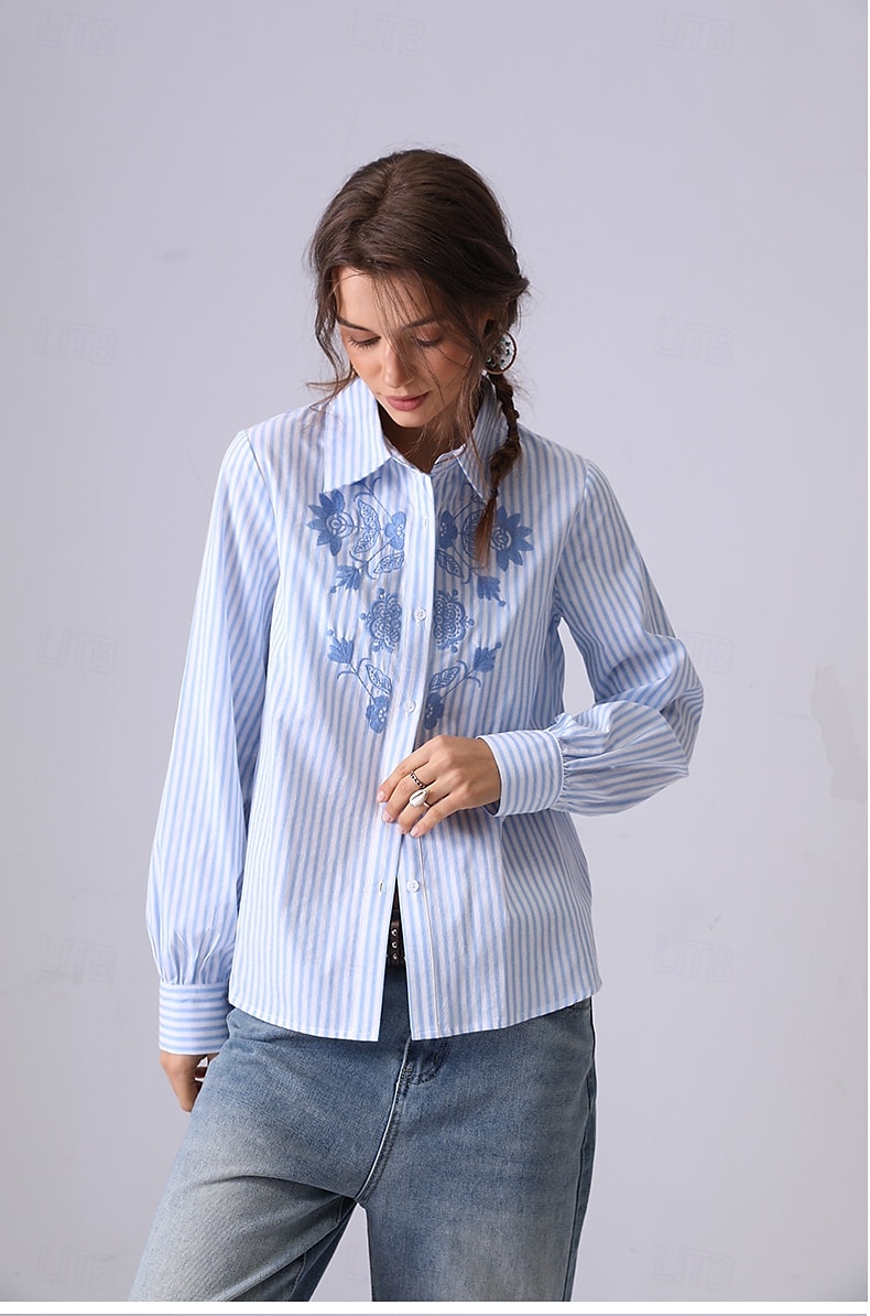 Femmes Chemise Fleuri Rayé Élégant Bohème ancien manche longue Col de chemise Hauts Réguliers Travail Quotidien Fête Broderie 1# Original bleu clair-BLEU Printemps, Automne, Hiver, Été de 2025 ? $41.99 –P3