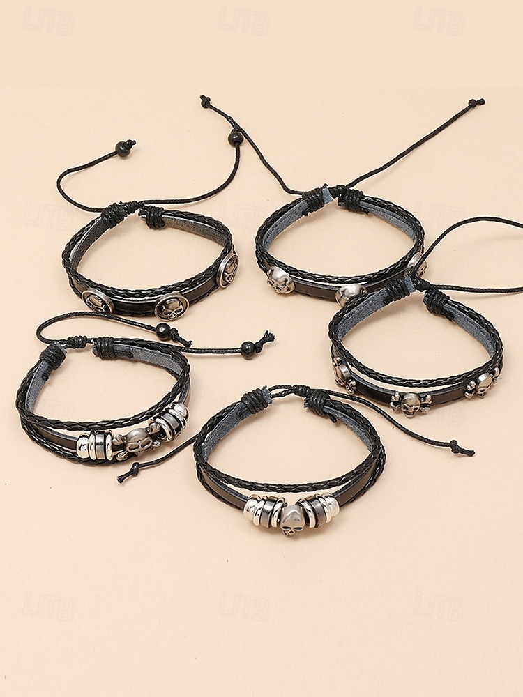 Sett med armbånd i skinn med hodeskalle-anheng for menn – justerbart punk-armbånd i ekte skinn til halloween-fest, cosplay og rockekonserter 2025 - $11.99 –P6