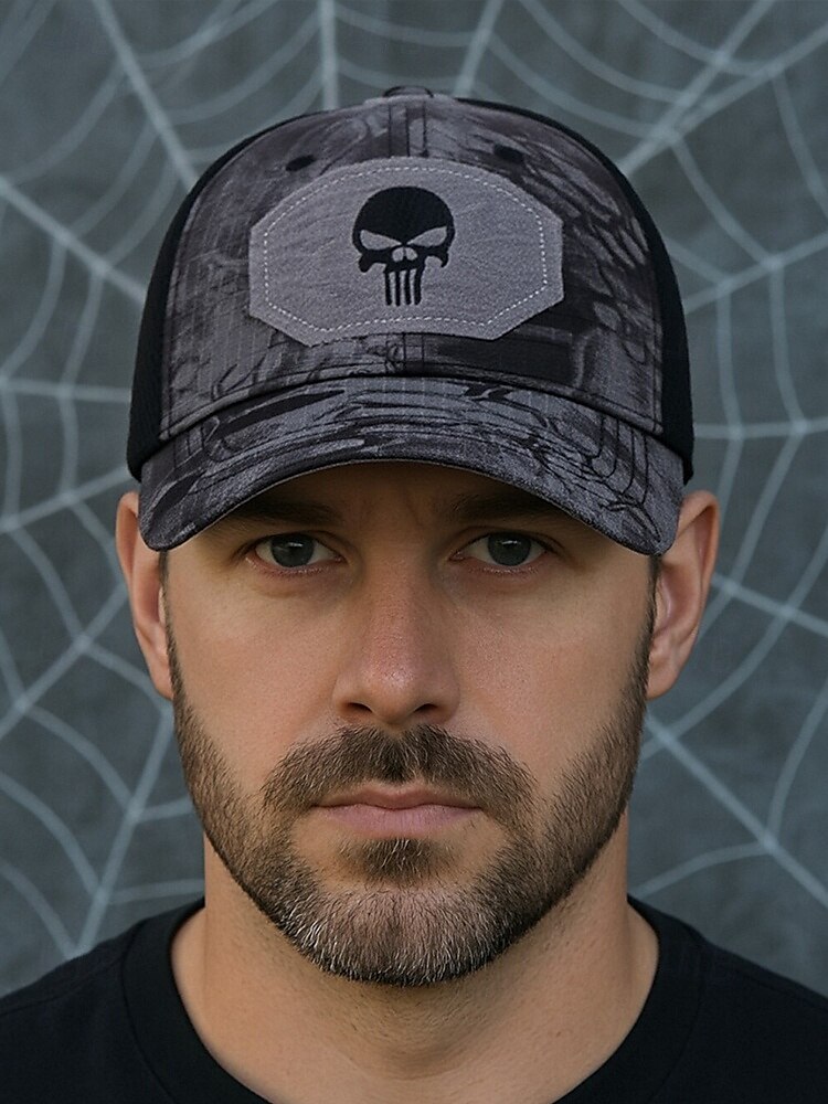 Taktische Baseballkappe mit Totenkopf-Stickerei für Herren – verstellbare Netzrückseite, Camouflage-Stil, lässige Outdoor-Sportmütze für Halloween-Partys und den Alltag 2025 - $11.99 –P3