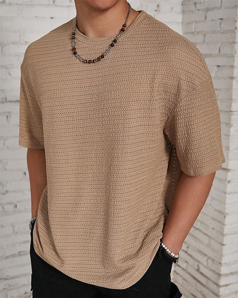 Homme T-shirt Chemise à manches courtes Manche Courte Col ras du cou Été Uni Mode Designer Basique Jacquard Vacances Rue Sortir Noir Blanche Kaki T-shirt haut de gamme pour homme de 2025 ? $14.49 –P5