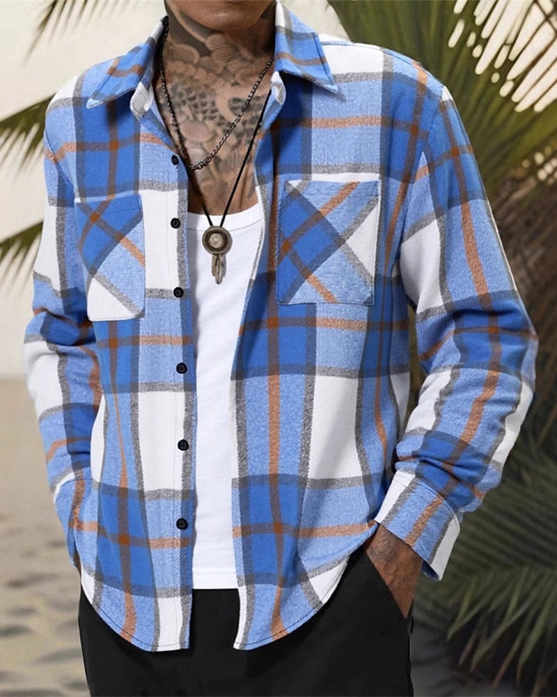 Herren Leichte Jacke Hemdjacke Freizeitjacke Jacke-Shirt Urlaub Täglich Atmungsaktiv Tasche Frühling Herbst Karomuster Mode Klassisch Revers Regulär Blau Khaki Jacken 2025 - $20.99 –P1