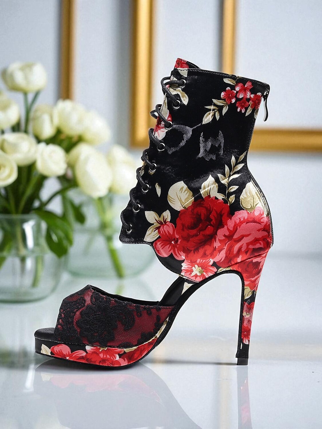 Bottes de danse florales pour femmes - Chaussures de danse latine professionnelles à talons hauts et bout ouvert en satin avec imprimé rose élégant, idéales pour la salsa, le tango et les spectacles de 2025 ? $64.99 –P1