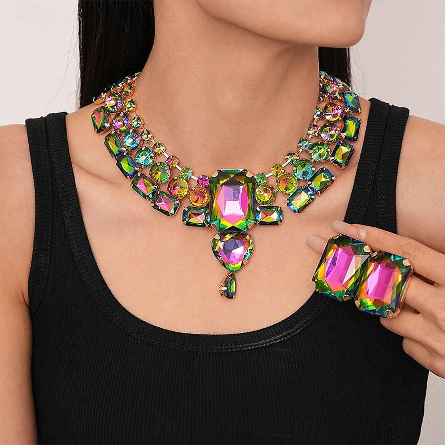 Gargantilla y pendientes de cristal plateado con declaración para mujer: joyas glamurosas con diamantes de imitación grandes para fiestas, bodas y eventos formales. 2025 - $14.99 –P7