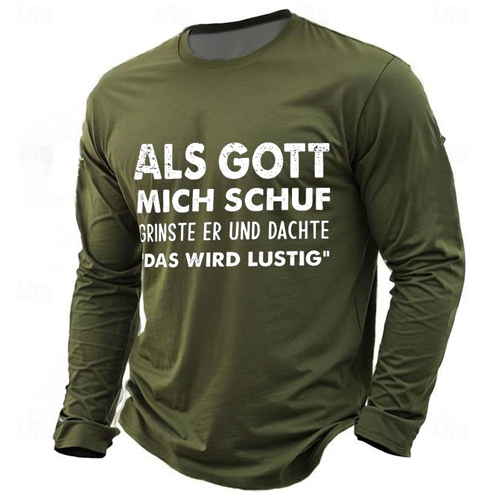 Herren-T-Shirt „Als Gott mich schuf Germant“ mit langen Ärmeln und Grafikdruck, Rundhalsausschnitt, modisch, alltagstauglich, Basic, Street, Casual, täglich, Schwarz, Rot, Blau, Sommer, Frühling, 2025 - $19.99 –P1