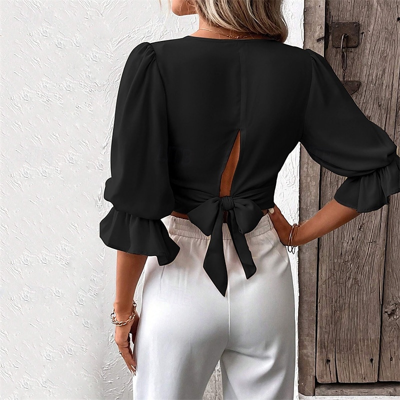 Női Nyári felsők Wrap Crop Top Sima Napi Stílusos Alap Hosszú ujj Lámpás hüvely V-alakú Crop Tops Munka Napi Szabadság Tunika Fekete Sárgabarack Tavasz Ősz 2025 - $25.99 –P6