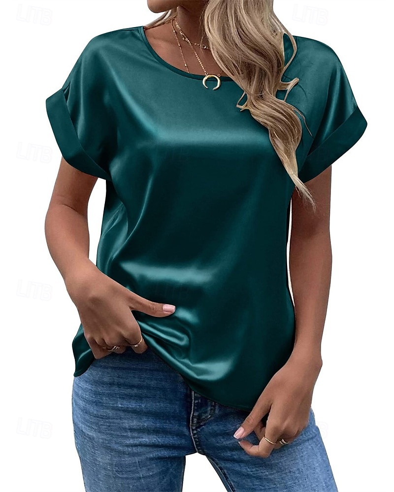 Femmes T-shirt Uni Mode Moderne Manche Courte Col ras du cou Hauts Réguliers Quotidien Sortir Week-end Vert Claire Vert foncé Violet Gris Clair Été de 2025 ? $19.49 –P3