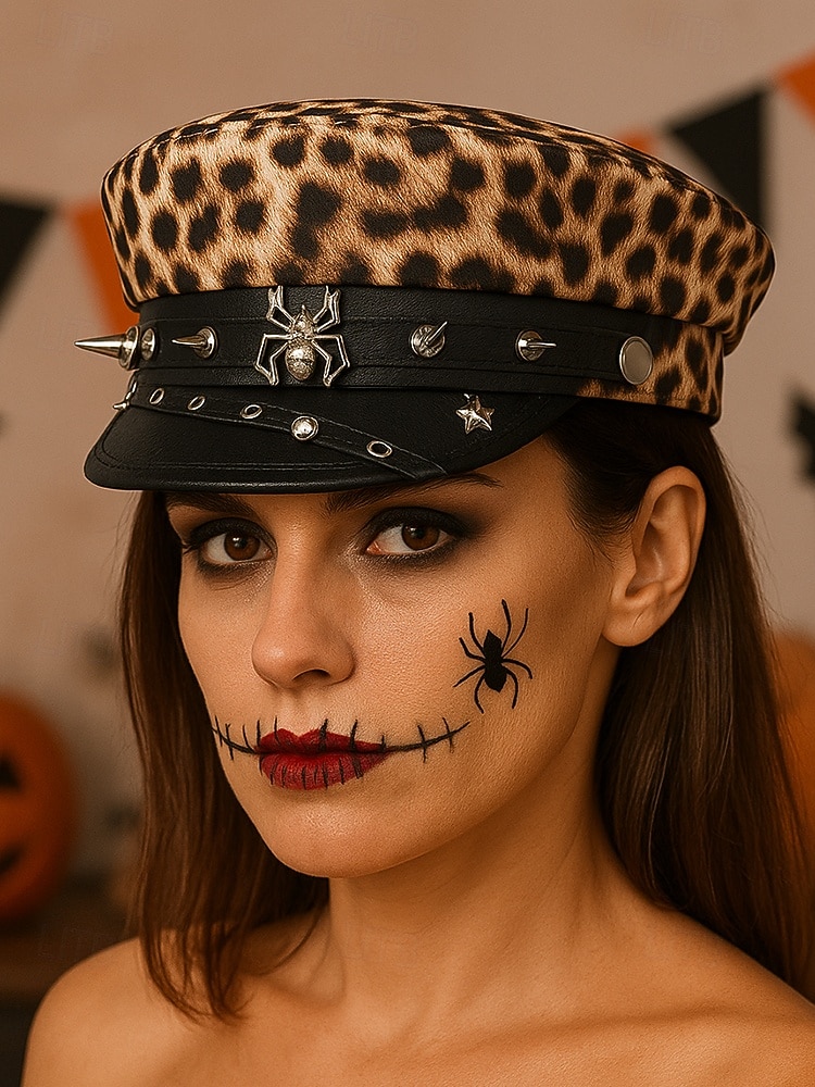 Boné militar feminino com estampa de leopardo para Halloween – chapéu gótico punk de couro sintético com pontas e tachas de aranha, acessório para festa à fantasia e cosplay para uma noite assustadora de 2026 por $14.99 –P1