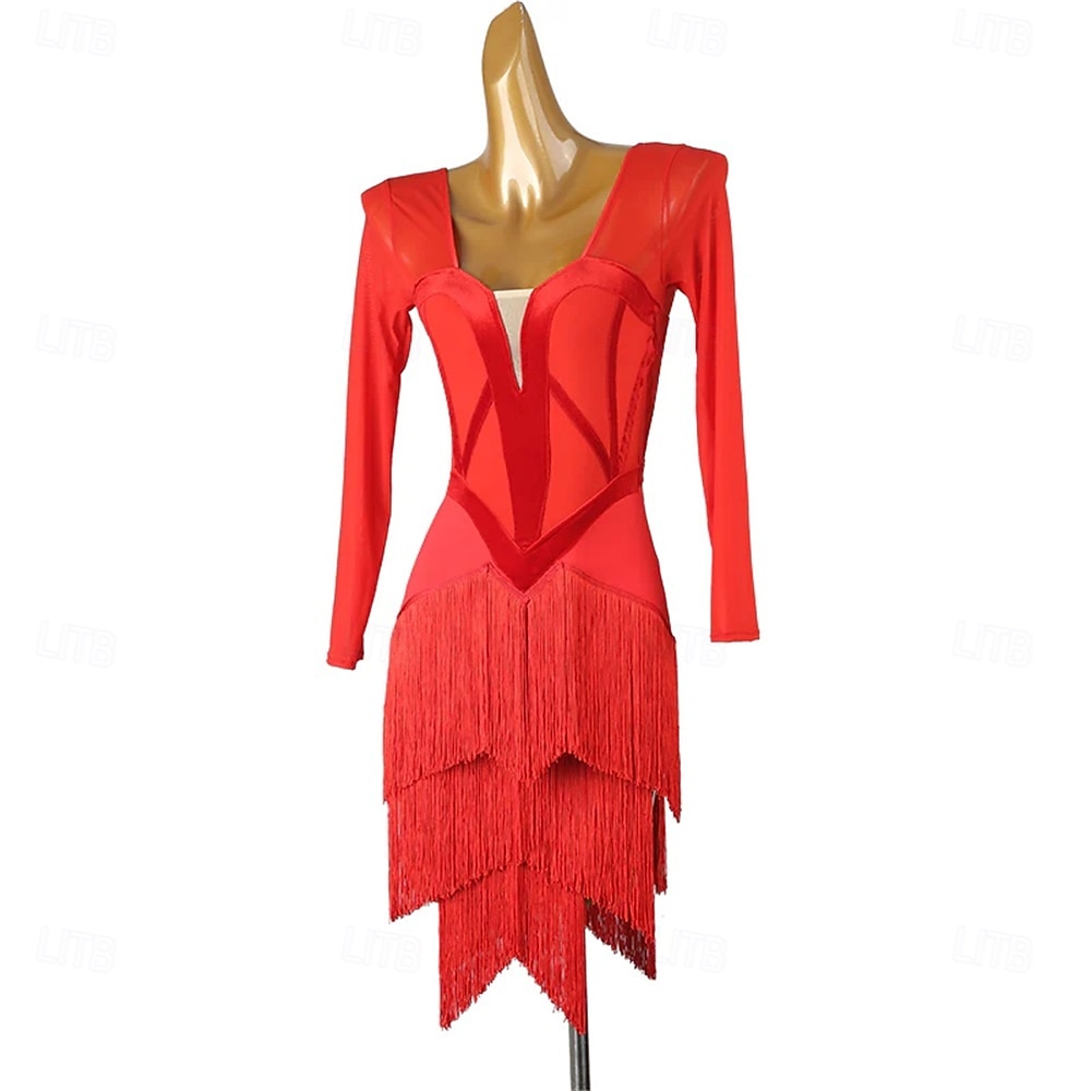 Danse Latine Robe Épissage Femmes Performance Entraînement Soirée manche longue Haut Nylon de 2025 ? $133.99 –P4