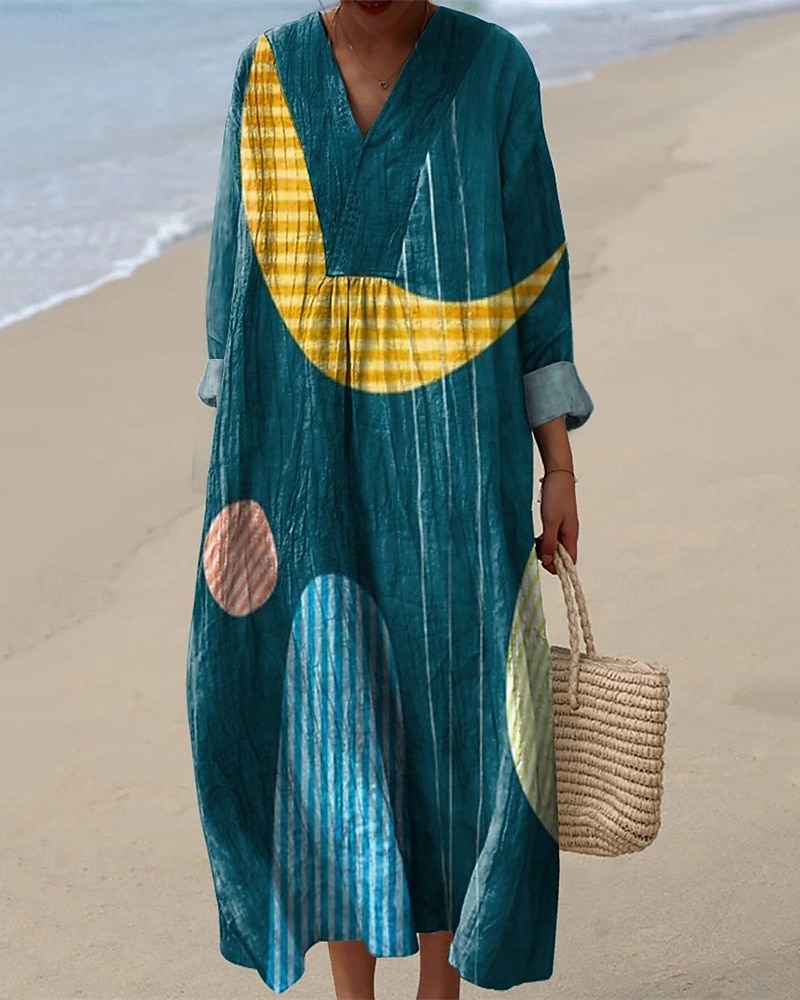 Femmes Robe Midi Robe Décontractée Robe Imprimée Mode Moderne Quotidien Plage Week-end Coupe régulière Arbre manche longue Col en V Jaune Bleu Orange Bleu de minuit Printemps Automne de 2025 ? $11.99 –P5