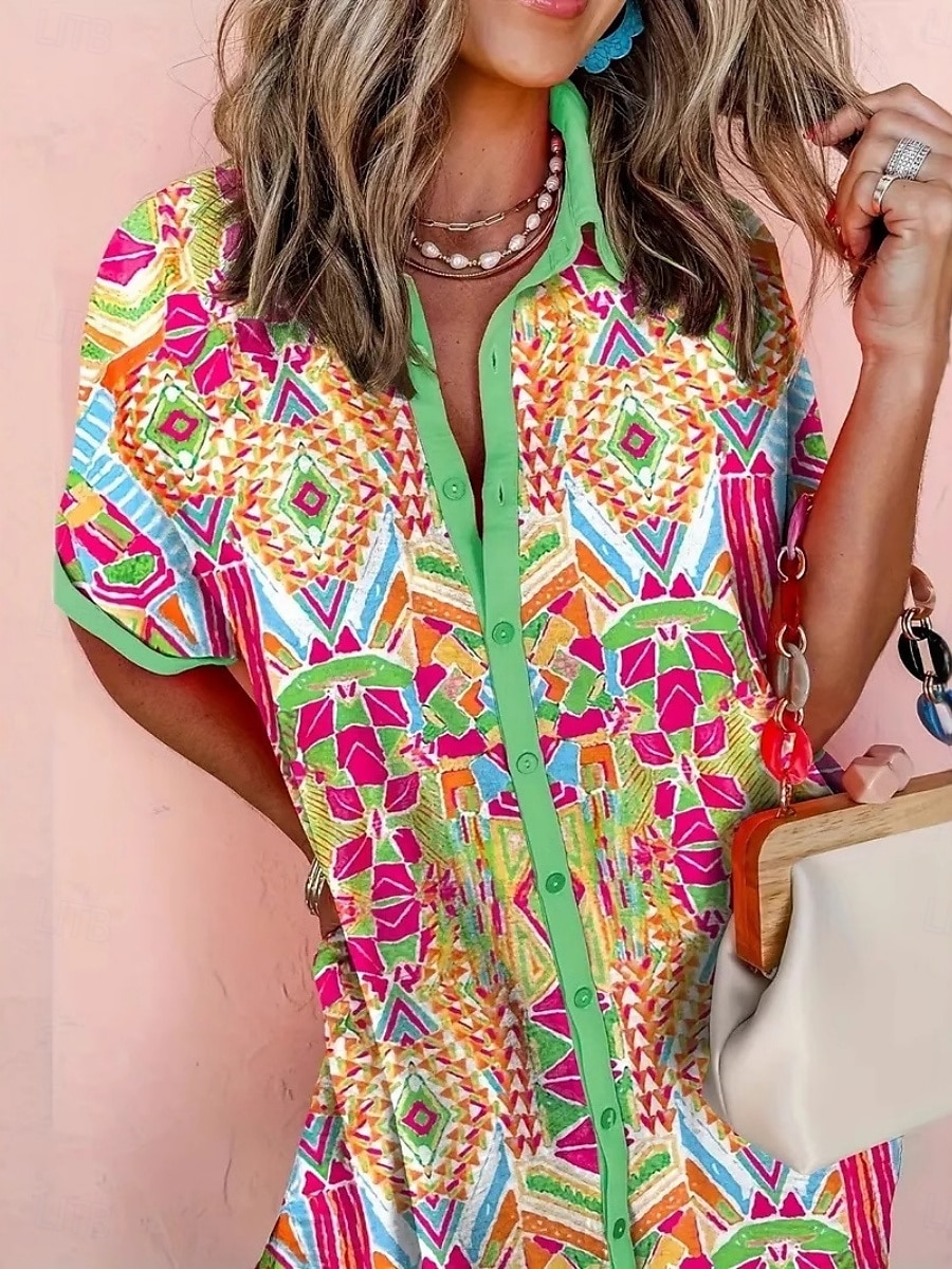 Damen Minikleid Hemdblusenkleid Freizeitkleid Sommerkleid Vintage Täglich Strand Wochenende Normale Passform Geometrisch Farbblock Kurzarm Hemdkragen Grün Sommer 2025 - $25.99 –P3