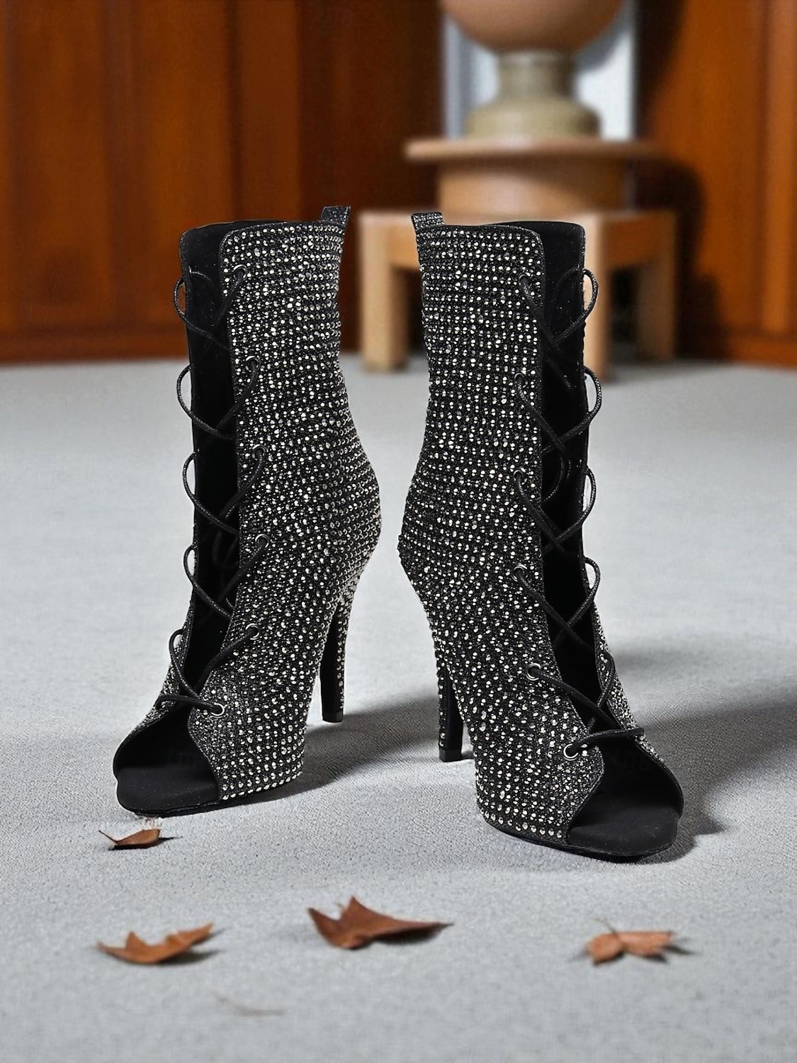 Bottines de danse à bout ouvert et strass pour femmes - bottines à talons courts et lacets scintillants pour les spectacles de salon et de scène latins de 2025 ? $69.99 –P5