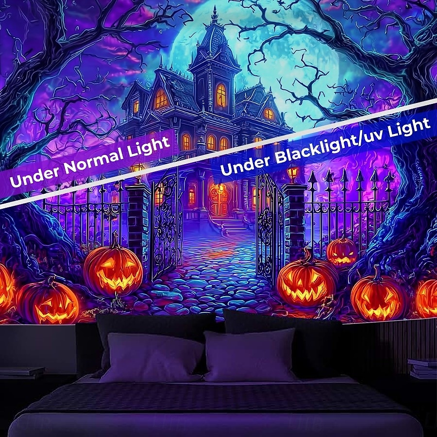 Halloween Blacklight Tapestry Skeleton Haunted House UV Reactive Glow in the Dark Forest Trippy Mountain Misty Graveyard Ghost Hanging Tapestry Wall Art Mural for Living Room Bedroom 2025 - $13.99 –P8