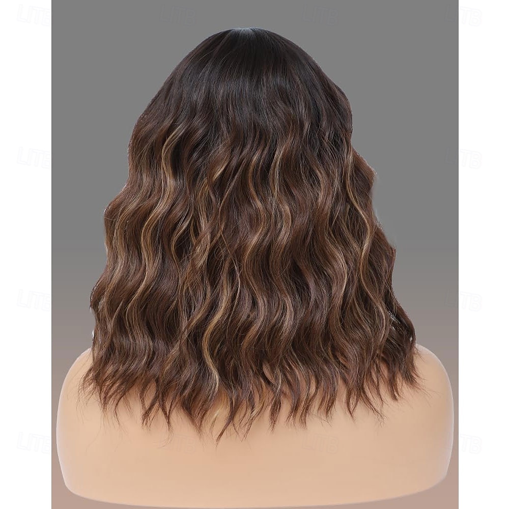 Peruca loira com mechas castanhas e franja, peruca curta e cacheada para mulheres, comprimento dos ombros de 14 polegadas, perucas de substituição de cabelo de aparência natural para uso em festas de de 2026 por $23.99 –P2