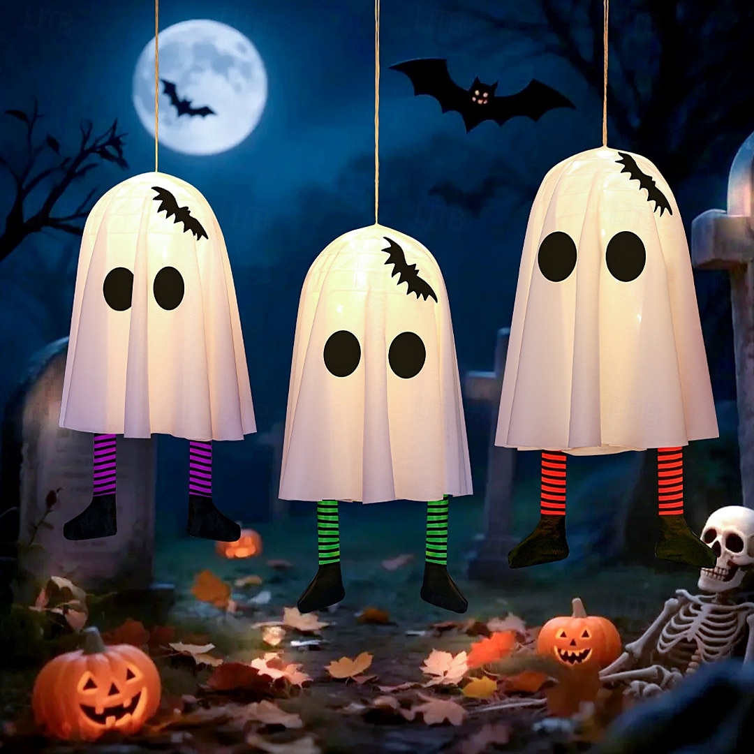 2025年 ハロウィンゴースト吊り下げゴースト屋内および屋外ポーチツリー中庭ガーデンテラス装飾ライト3照明モード風景ライト1個  コレクション – $7.99 –P2