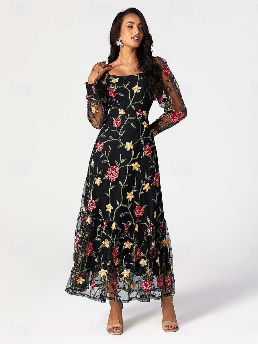 A-Linie Brautmutterkleid Elegant Schwarzes Kleid Durchsichtig Quadrathals Knöchellänge Tüll Langarm mit Rüschen Stickerei 2025 2025 - $119.99 –P3