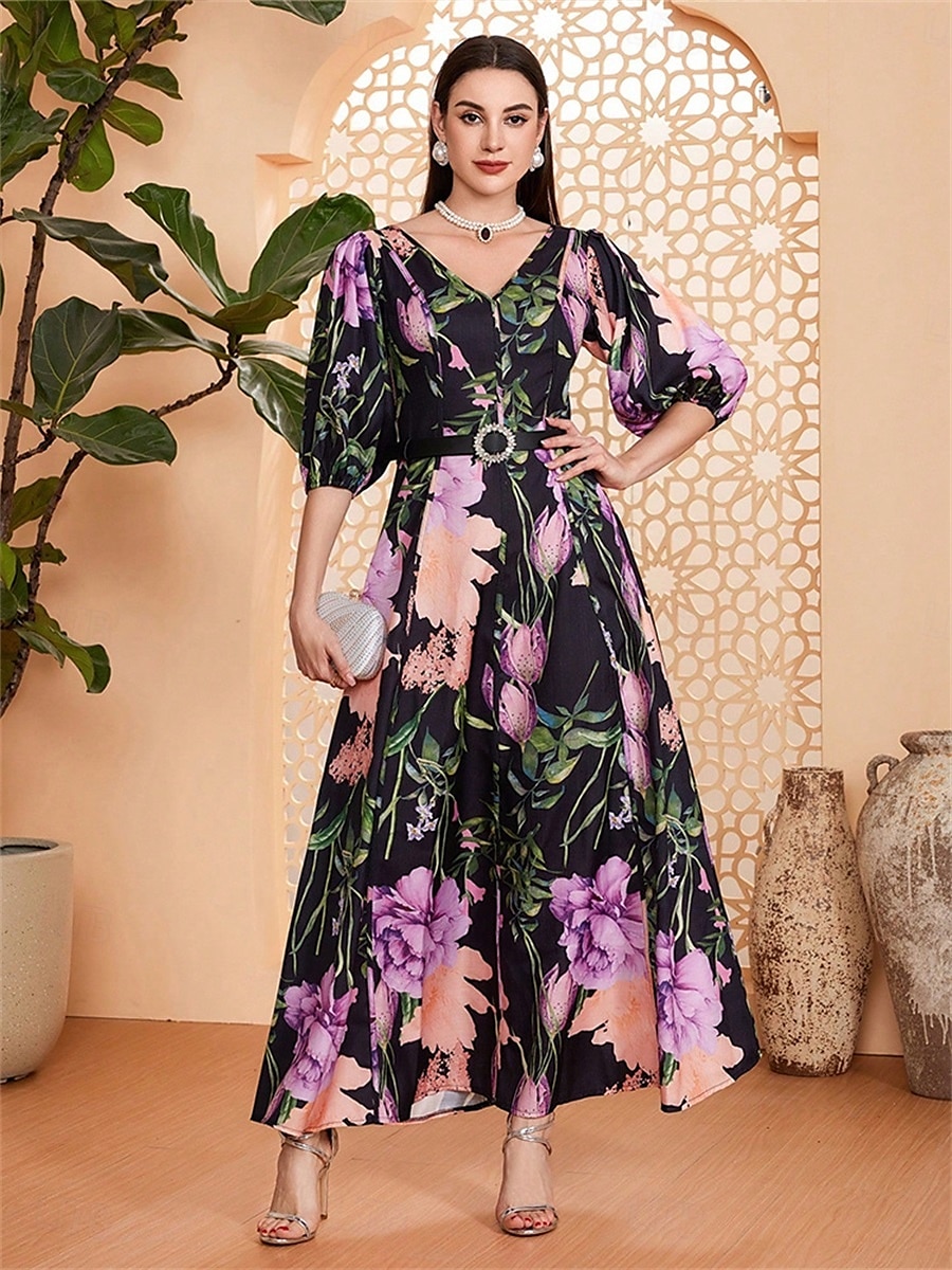 Linea ad A Abito da cerimonia per signora Elegante Scollo a V Lunghezza al pavimento Chiffon Mezza Manica con Fascia / Nastro Pieghe Fiore 2025 del 2025 a $119.99 –P1