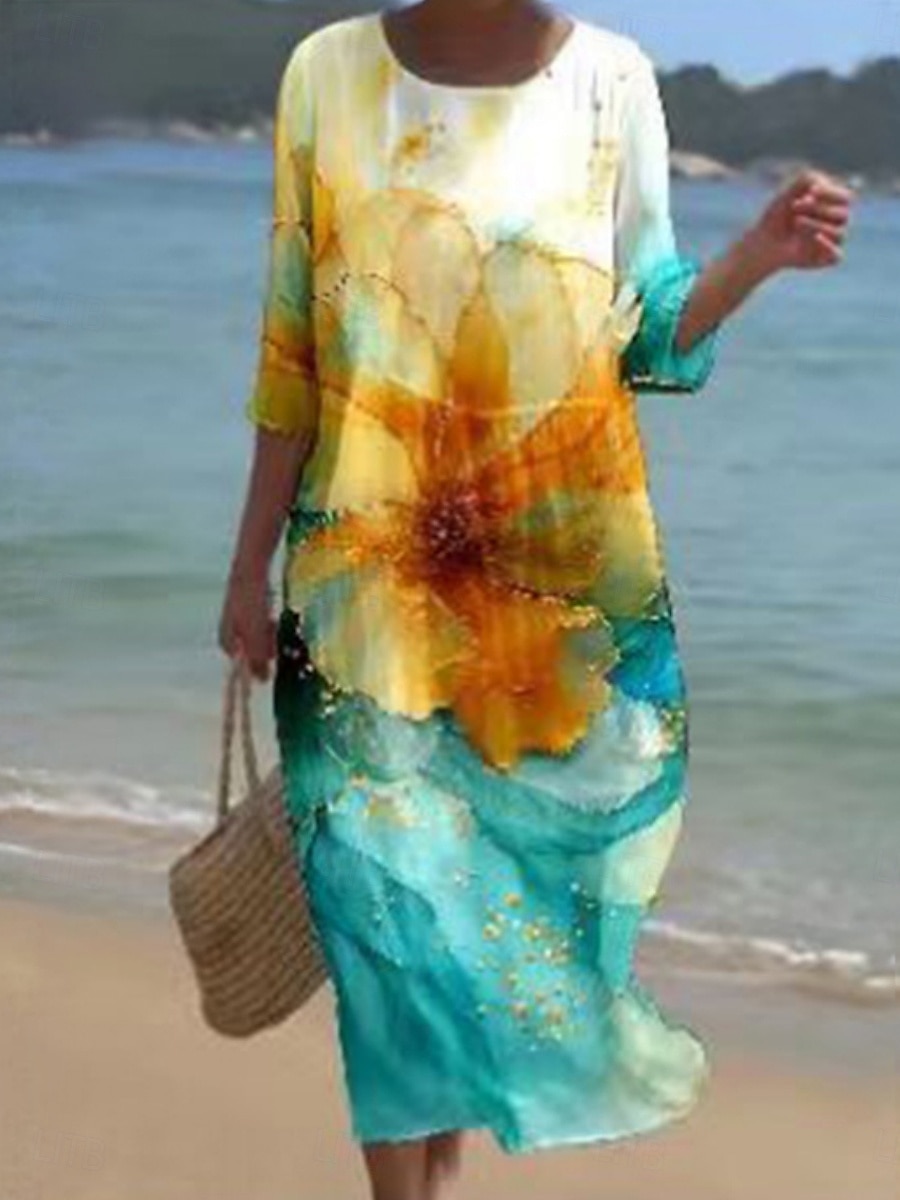 Femmes Robe Midi Robe Décontractée Robe Imprimée Mode Moderne Quotidien Plage Week-end Coupe régulière A Ombre Fleuri Manche 3/4 Col ras du cou Bleu Roi Bleu Vert Printemps Automne de 2025 ? $31.99 –P3