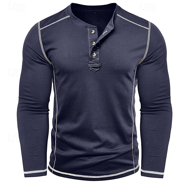 Men's T Shirt Henley Shirt Henley Top Long Sleeve Solid Color Vintage Casual Contrast Stitching Henley Outdoor Causal Casual Spring Fall Spring &  Fall Black White Gray Henley T-Shirt 2025 - $22.99 –P9