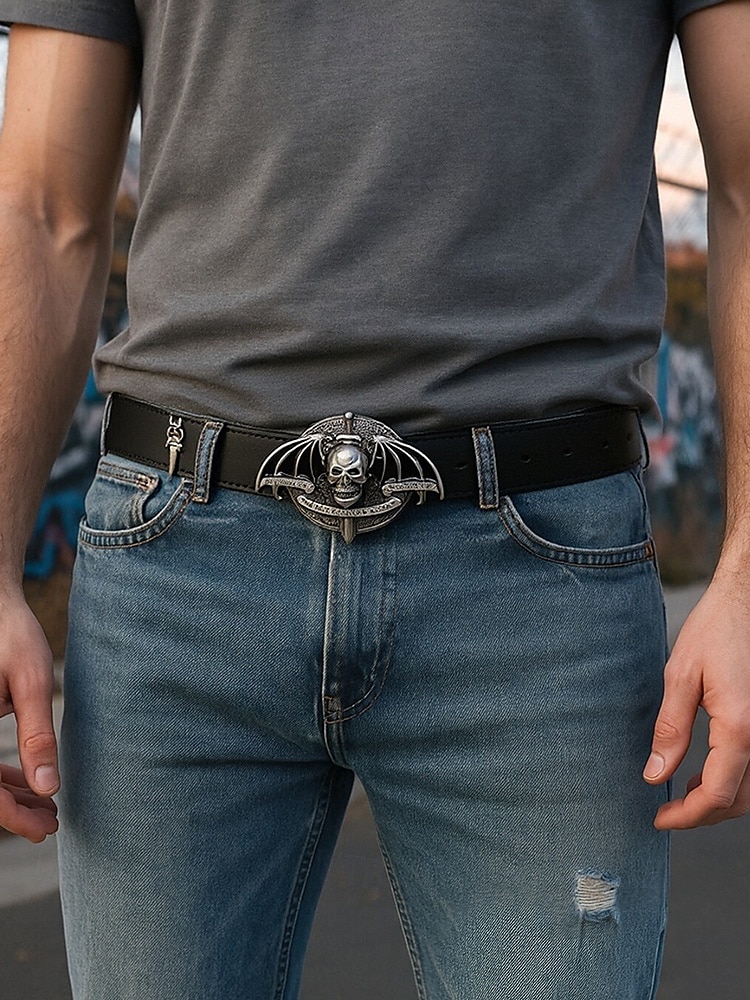 Herrbälte med tungmetallspänne i konstläder – gotisk punkstil, justerbar midja, perfekt för halloweenkostymer, konserter och rockfester 2025 - $14.99 –P1