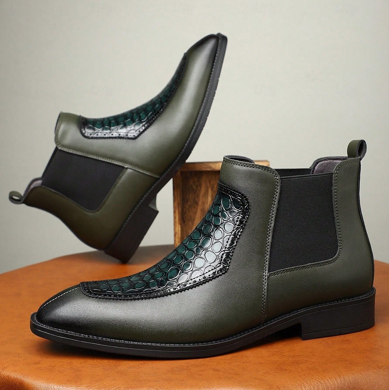 Bottines Chelsea en similicuir vert effet crocodile pour homme – bottines élégantes à élastiques latéraux pour hommes avant-gardistes, soirées de concert et streetwear urbain de 2025 ? $54.99 –P8