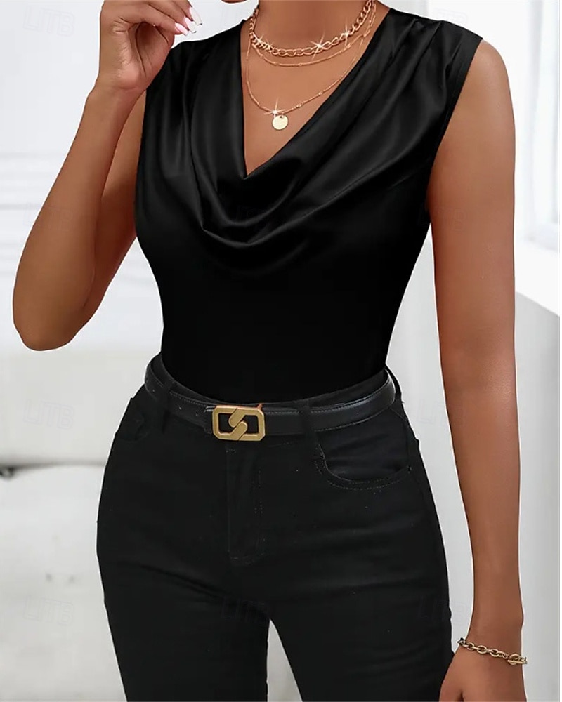 גופייה לנשים סאטן חלקה אופנתי מודרני ללא שרוולים צווארון מרופד רגיל חולצות יומיומי ליציאה סוף שבוע שחור כתום חאקי קיץ 2025 - $25.99 –P16