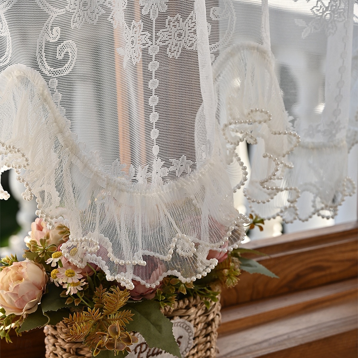 Lace Ruffled Kitchen Short Curtain Valance Vintage Floral Embroidered Short Sheer Cafe Curtain for Kitchen Window Rod Pocket Scalloped Bottom Beaded Sheer Valance1 Panel 2026 - $10.99 –P2