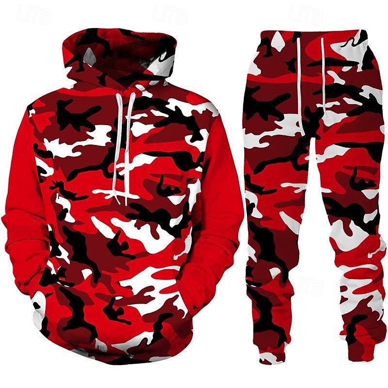 Voor heren Trainingspak Kledingset Truien instellen Capuchon Buiten Dagelijks Sport Zak Trekkoord camouflage Blozend Roze Rood Marineblauw Grafische afdruk Polyester Sportkleding Modieus Streetwear 2025 - $34.99 –P4