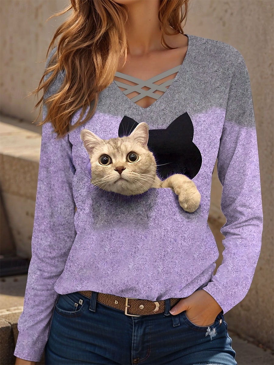 2025年 女性用 Tシャツ グラフィック 動物 猫 ヴィンテージ スタイリッシュ クラシック 長袖 Ｖネック レギュラートップス 日常 切り抜き プリント ブルー パープル グリーン カーキ色 春 秋  コレクション – $22.99 –P3