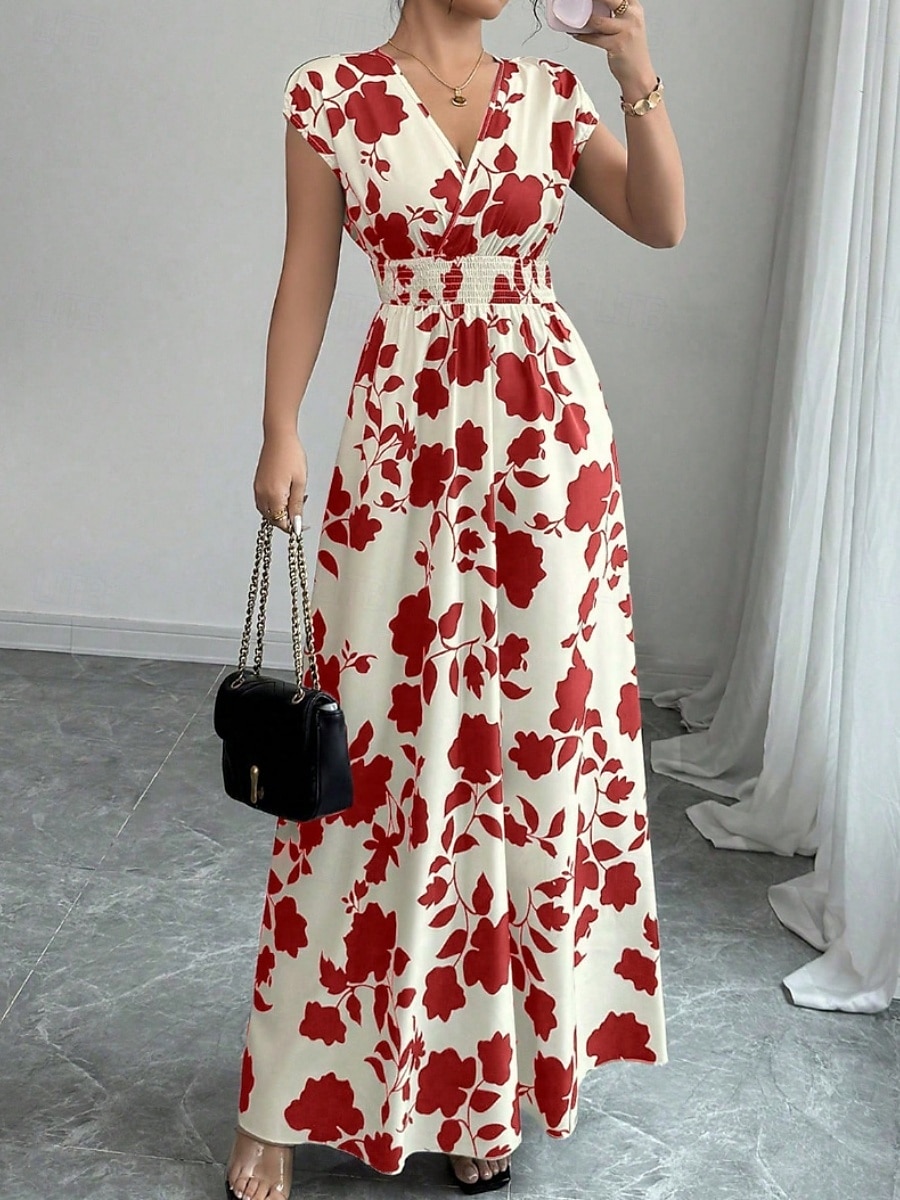 Damskie Sukienka maxi Sukienka A line Urlop Codzienny Boho Na zewnątrz Wyjściowe Luźny / a Kwiaty Krótki rękaw W serek Czarny Czerwony Niebieski Pomarańczowy Lato 2025 - $24.99 –P10