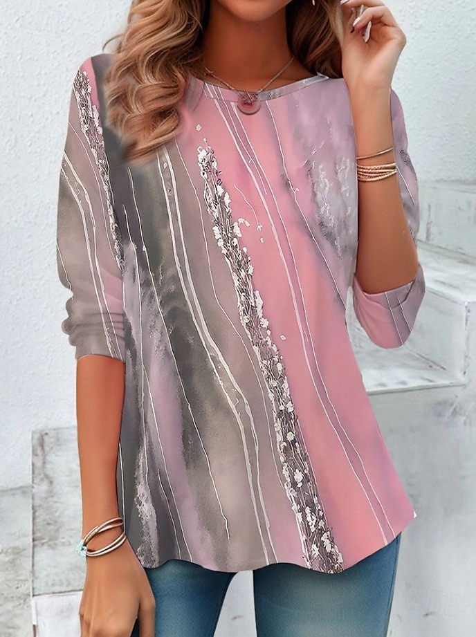 Damen T-Shirt Langarm Rundhals Langarm Tunika Grafik Geometrisch Gestreift Vintage Stilvoll Rundhals Reguläre Oberteile Täglicher Druck Schwarz Weiß Pink Blau Braun Herbst Vorherbst 2026 - $24.99 –P6