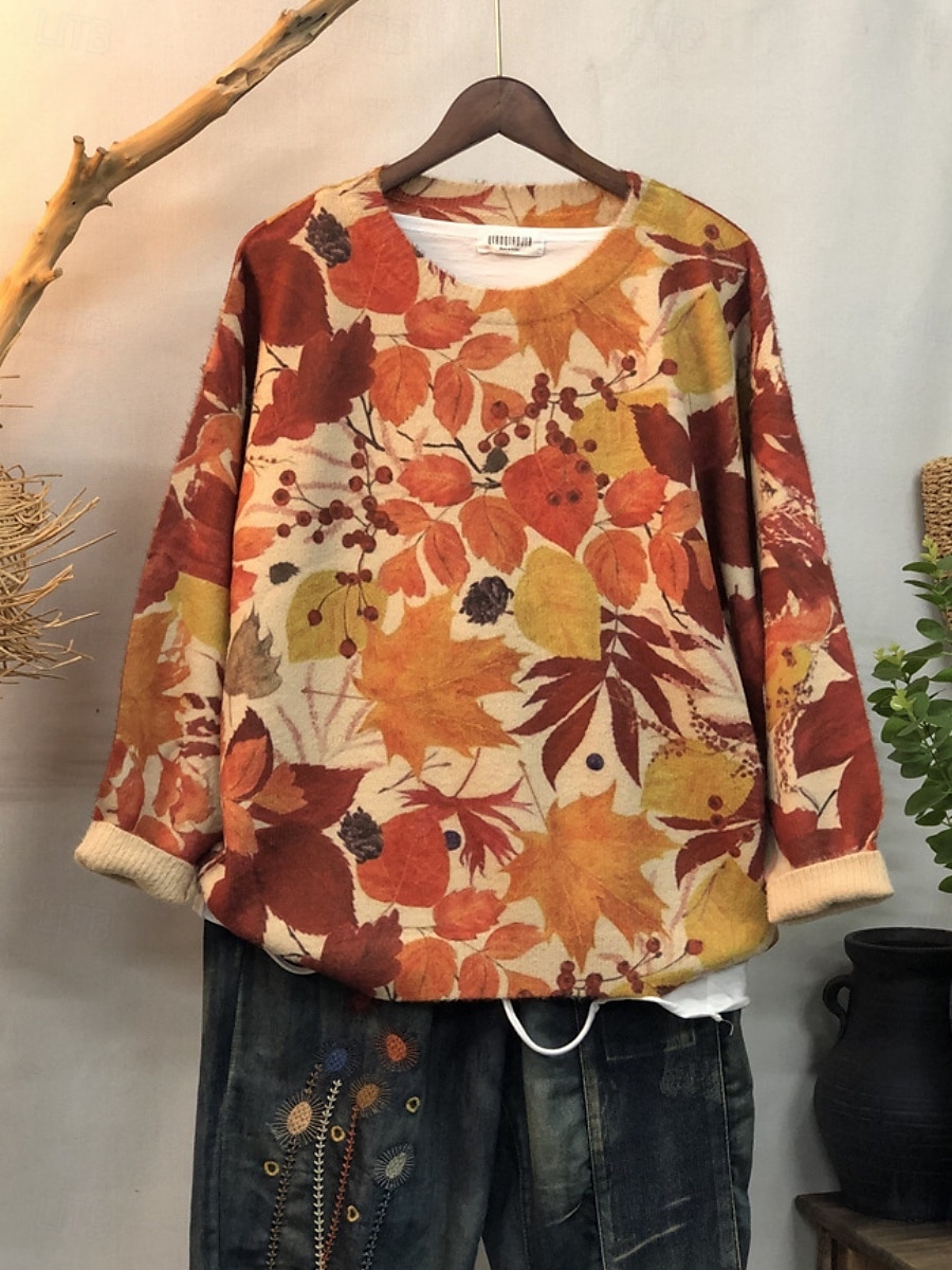 Women's Sweater Casual Soft Floral Ribbed Crew Neck Floral Knitted Long Sleeve Regular Tops Knit Outdoor Daily Weekend Yellow Red Fall Winter 2025 - $37.99 –P1