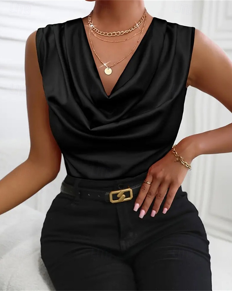 גופייה לנשים סאטן חלקה אופנתי מודרני ללא שרוולים צווארון מרופד רגיל חולצות יומיומי ליציאה סוף שבוע שחור כתום חאקי קיץ 2025 - $25.99 –P13