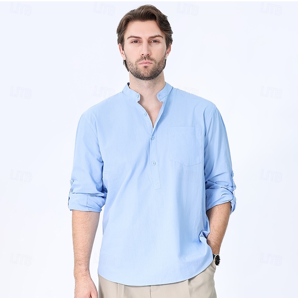 Voor heren Overhemd Zwart Wit Geel Rood Donker Marine Lange mouw Effen opa kraag School Formeel Kleding minimalistische 2025 - $23.99 –P1