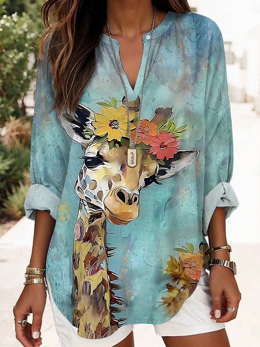 Dames Blouse Grafisch dier Elegant Stijlvol Modern Lange mouw V-hals Normale tops Dagelijks Feestdagen Afdrukken Geel blauw Khaki Regenboog Zomer Lente 2025 - AU $44.19 –P4
