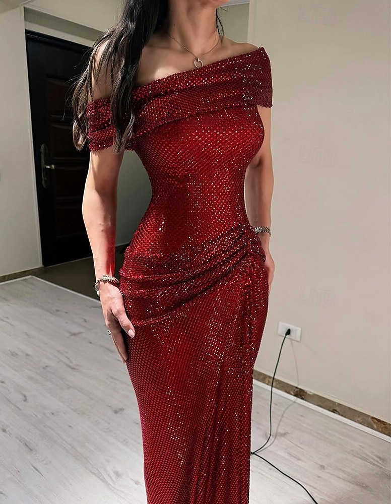 Rode jurk met glinsterende kristallen, stretch mesh, zeemeermin/trompet avondjurk, elegante jurk, formele bruiloft, lange jurk, mouwloos, off-shoulder, kant met plooien, gerimpeld, 2025 2025 - $155.99 –P1
