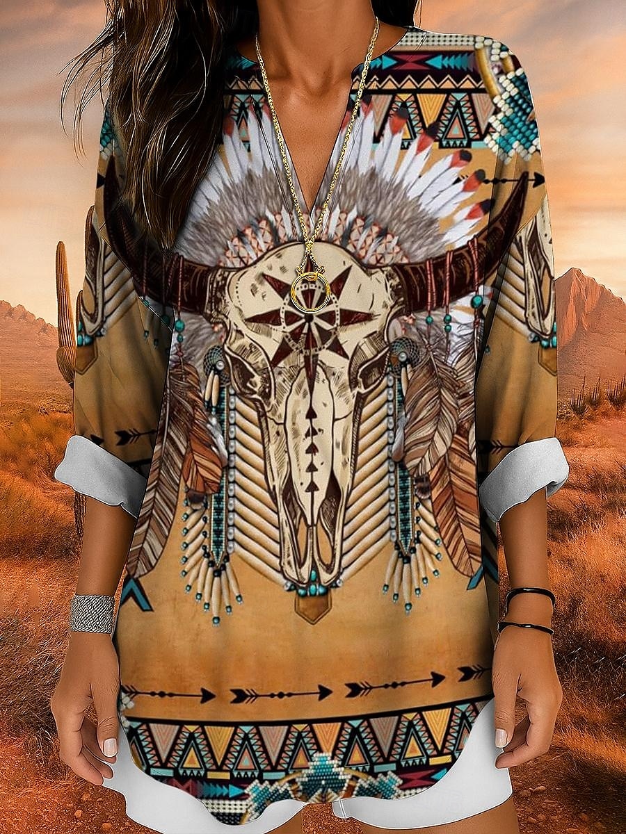 Damenshirt Langarm Tunika Tops Grafik Geometrisch Totenkopf Bohemia Vintage Tropisch V-Ausschnitt Regelmäßige Tops Täglicher Urlaub Strandmode Druck Gelb Rot Blau Lila Grün Sommer Frühling 2025 - $24.99 –P1