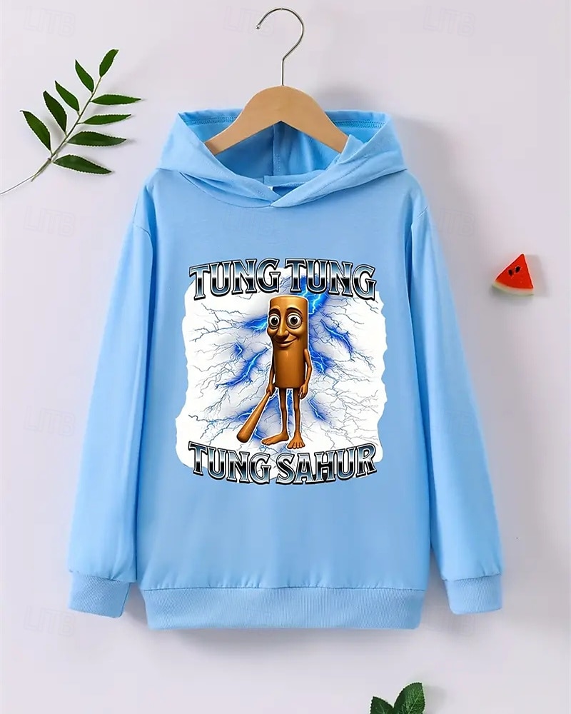 Pojkars avslappnad långärmad huvtröja med tung tung tung sahur-tryck vår höst mode streetwear barn 4-12 år huva utomhus daglig normal passform 2025 - $18.99 –P3