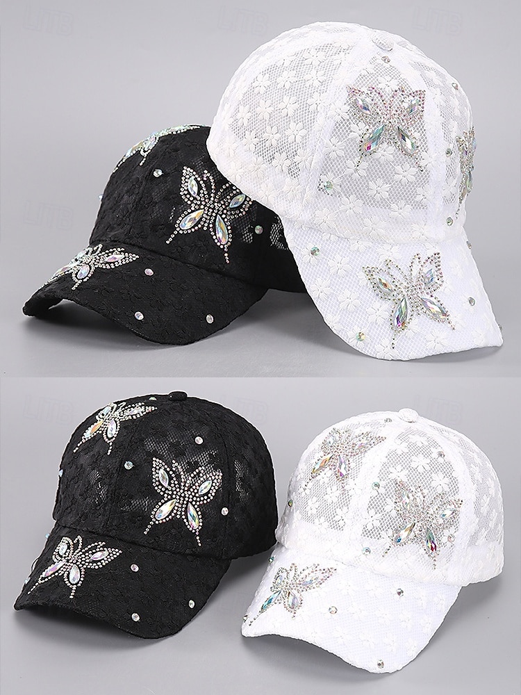 női légáteresztő, hálós, virágmintás, strasszos baseballsapka - elegáns pillangós dizájn, ideális divatos szabadidős tevékenységekhez, szabadtéri tevékenységekhez és bulikhoz 2025 - $11.99 –P3