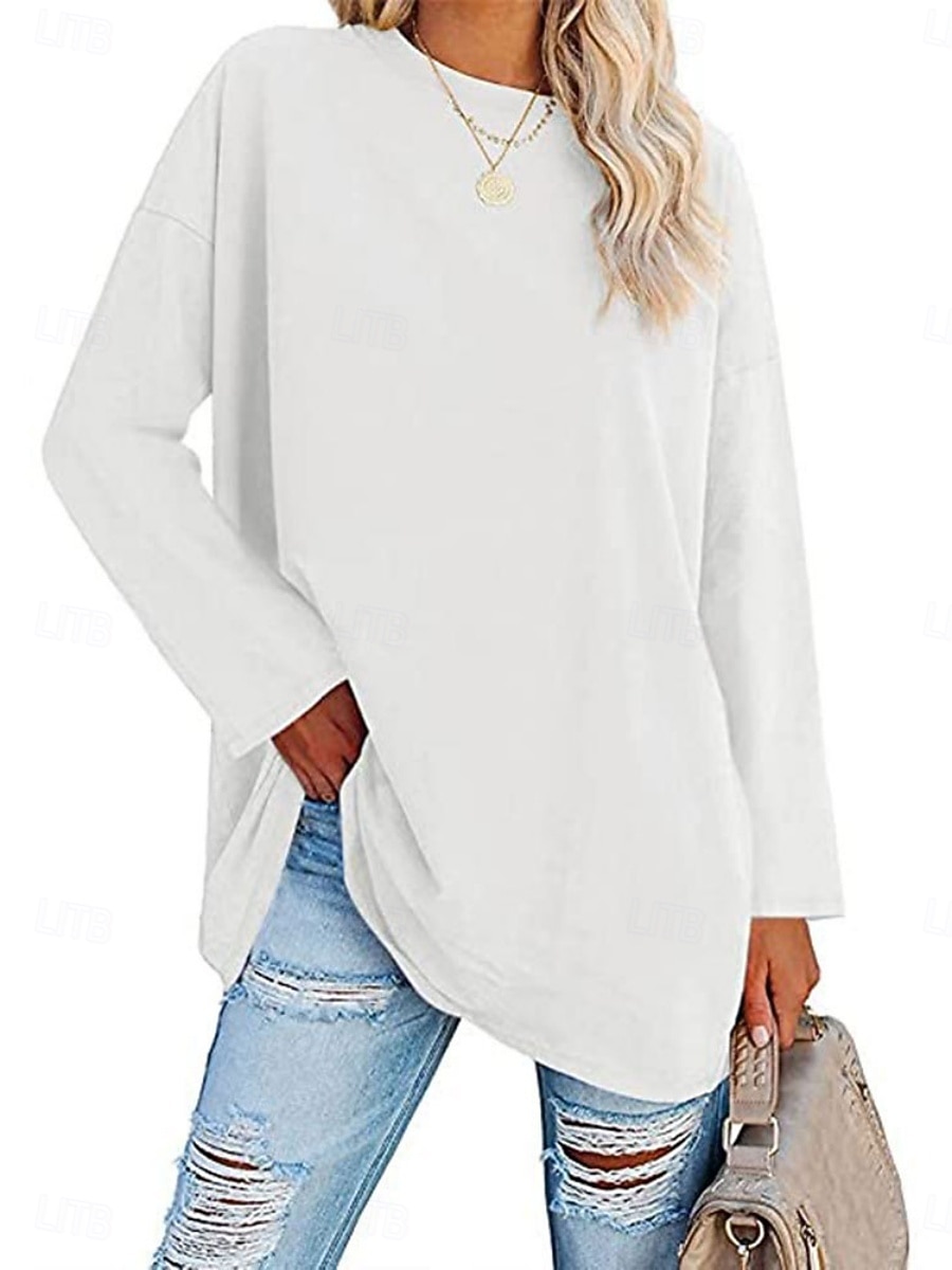 Camicia da donna in 100% cotone blouse colore solido stilosa casual maniche lunghe colletto rotondo regolari top quotidiano nero bianco giallo rosa primavera autunno pre-autunno del 2026 a $24.99 –P3