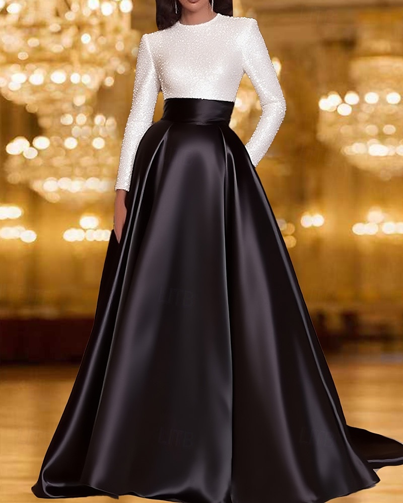 Fekete és Fehér A-vonal Estélyi Ruhák Elegáns Ruha Formális Esküvő Térd alatti Hosszú Ujjú Környakú Zsebes Satin Flitteres Zsebbel 2025 - $137.99 –P1