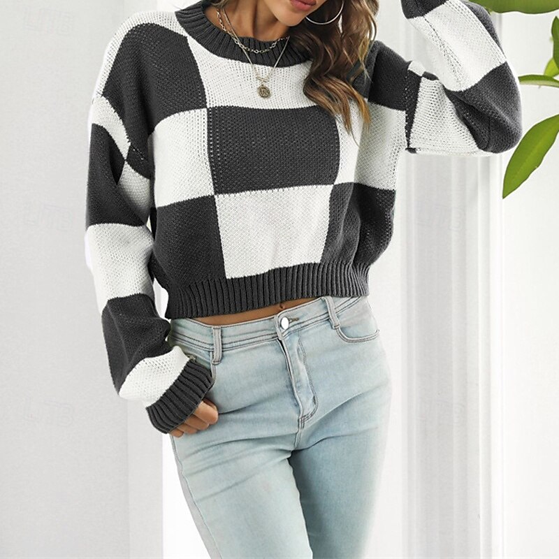 Mulheres Pulôver Casual Bloco de cor Robusto Gola Redonda Tricotado Manga Longa Tops curtos Tricotar Diário Feriado Para Noite Preto Roxo Outono Inverno de 2025 por zł100.99 –P6