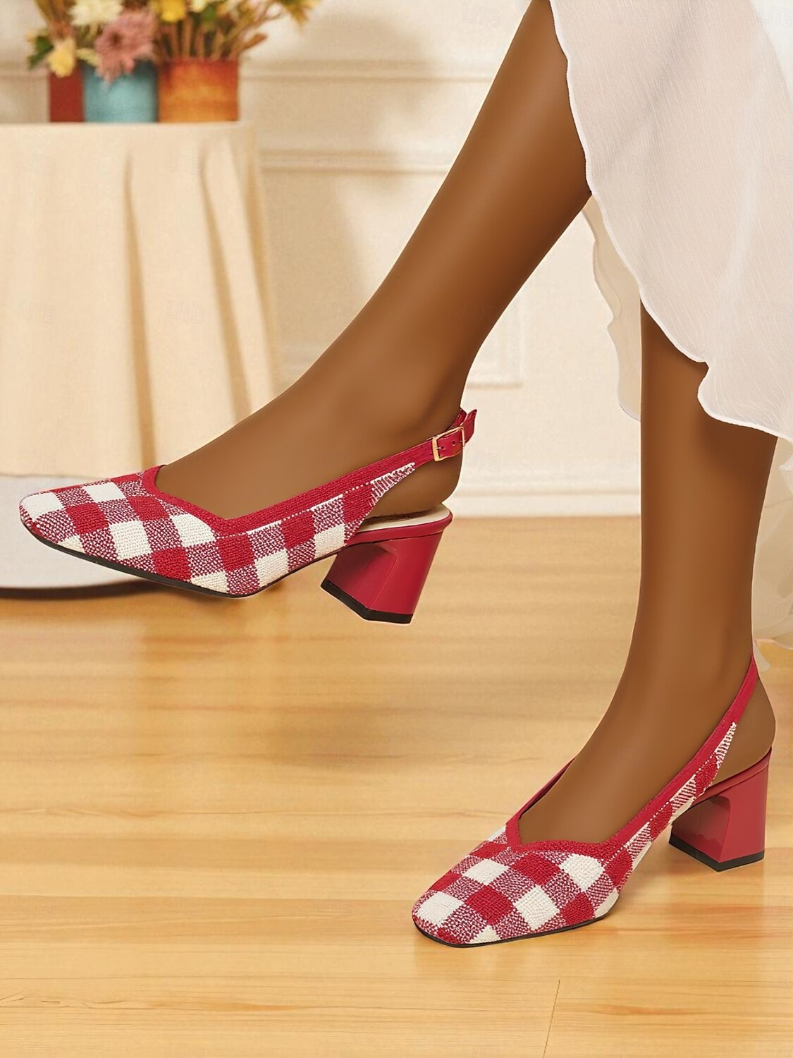 Women's Red Gingham Slingback Block Heel Pumps - Retro Style Knit Dress Shoes for Comfortable Walking, Casual Picnic, Summer Parties, and Daily Office Wear 2025 - $34.99 –P7