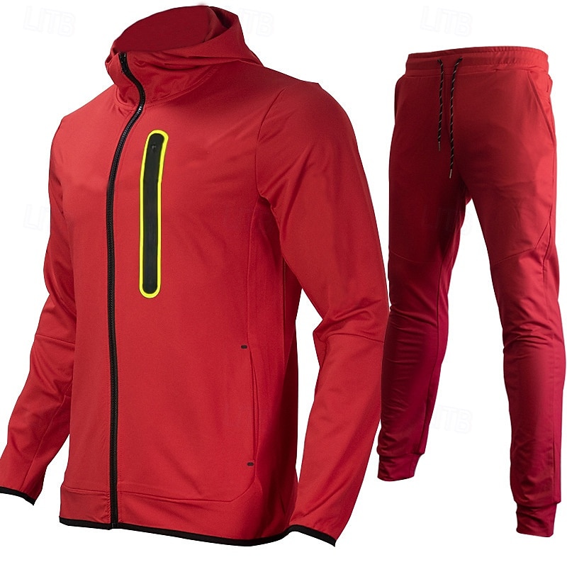 Herren Trainingsanzug Outfit-Set Kapuzenpullover Set Kapuzenpullover Outdoor Täglich Sport Reißverschluss Tasche Kordelzug Farbblock Schwarz Gelb Rote Polyester Sportkleidung Mode Streetwear Frühling 2025 - $56.99 –P5