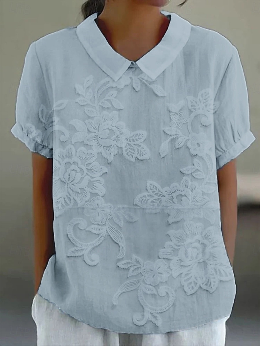 Dames Overhemd Imitatie katoenlinnen Knop Afdrukken Bloemig Dagelijks Casual Korte mouw Overhemdkraag Normale tops Dagelijks Feestdagen blauw Wit Blozend Roze Groen Khaki Zomer Lente 2026 - $28.99 –P4
