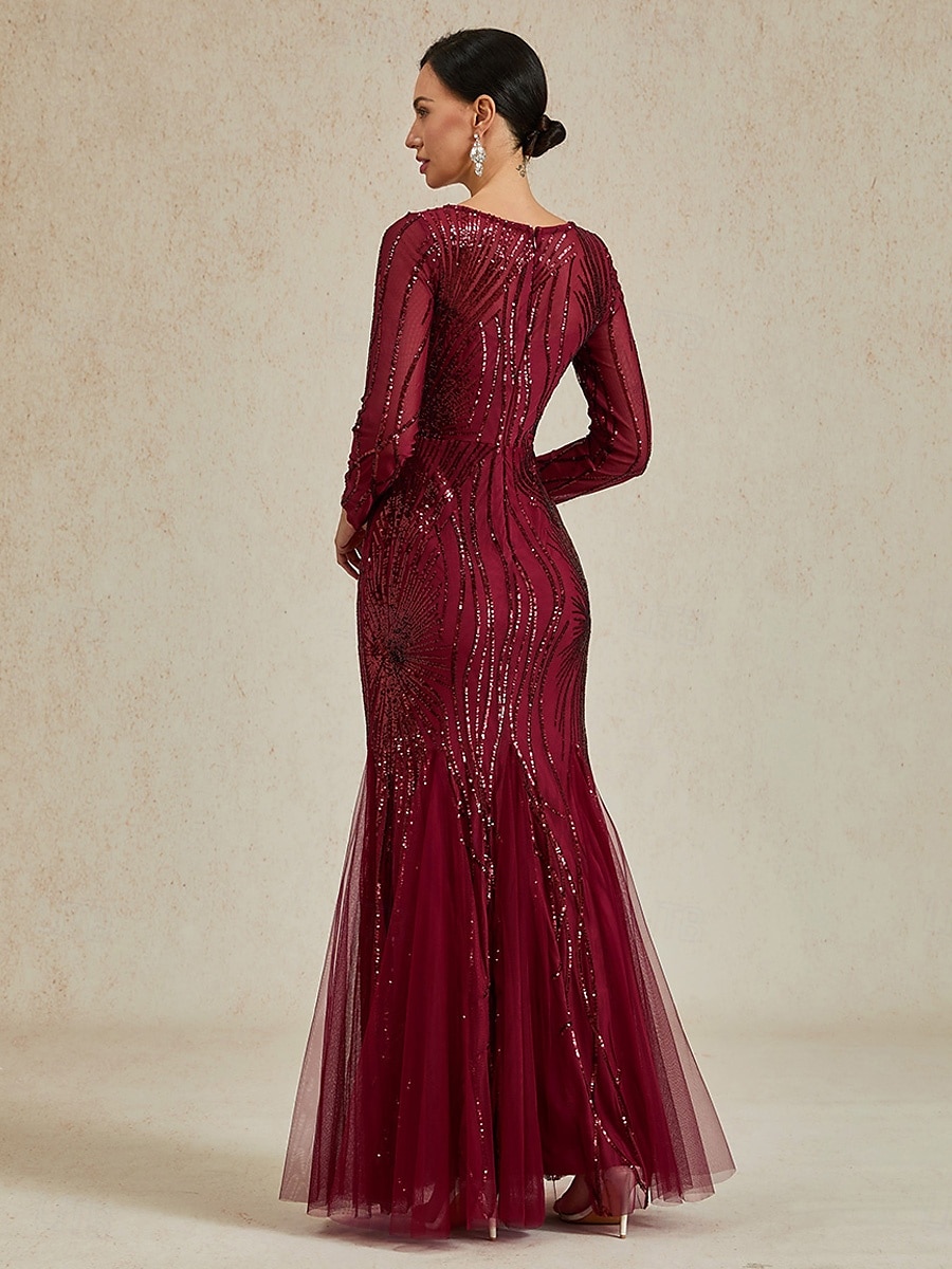 Dame Maxikjole Havfruekjole Elegant Fest Formelt Cocktailfest Normal Helfarge Langermet Crew-hals Burgunder Vår Høst Vinter 2025 - $179.99 –P2