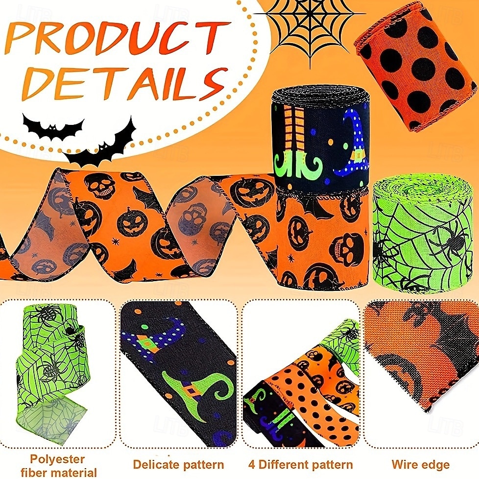 Nastro con bordo rinforzato per Halloween, 4 rotoli, nastro stampato a forma di pipistrello, ragno, zucca, gambe di strega, cappello, pois, nastri in grosgrain per Halloween, ghirlanda per la casa, del 2025 a $9.49 –P2