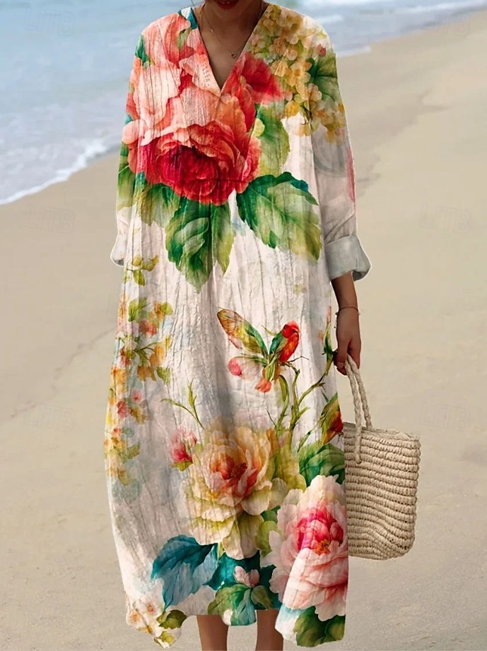 Damen Maxikleid Sommerkleid A Linie Kleid Urlaub Lässig Boho Party Ausgehen Strand Blumen Grafik Langarm V Ausschnitt Schwarz Rosa Rote Purpur Sommer Frühling 2025 - $35.99 –P3