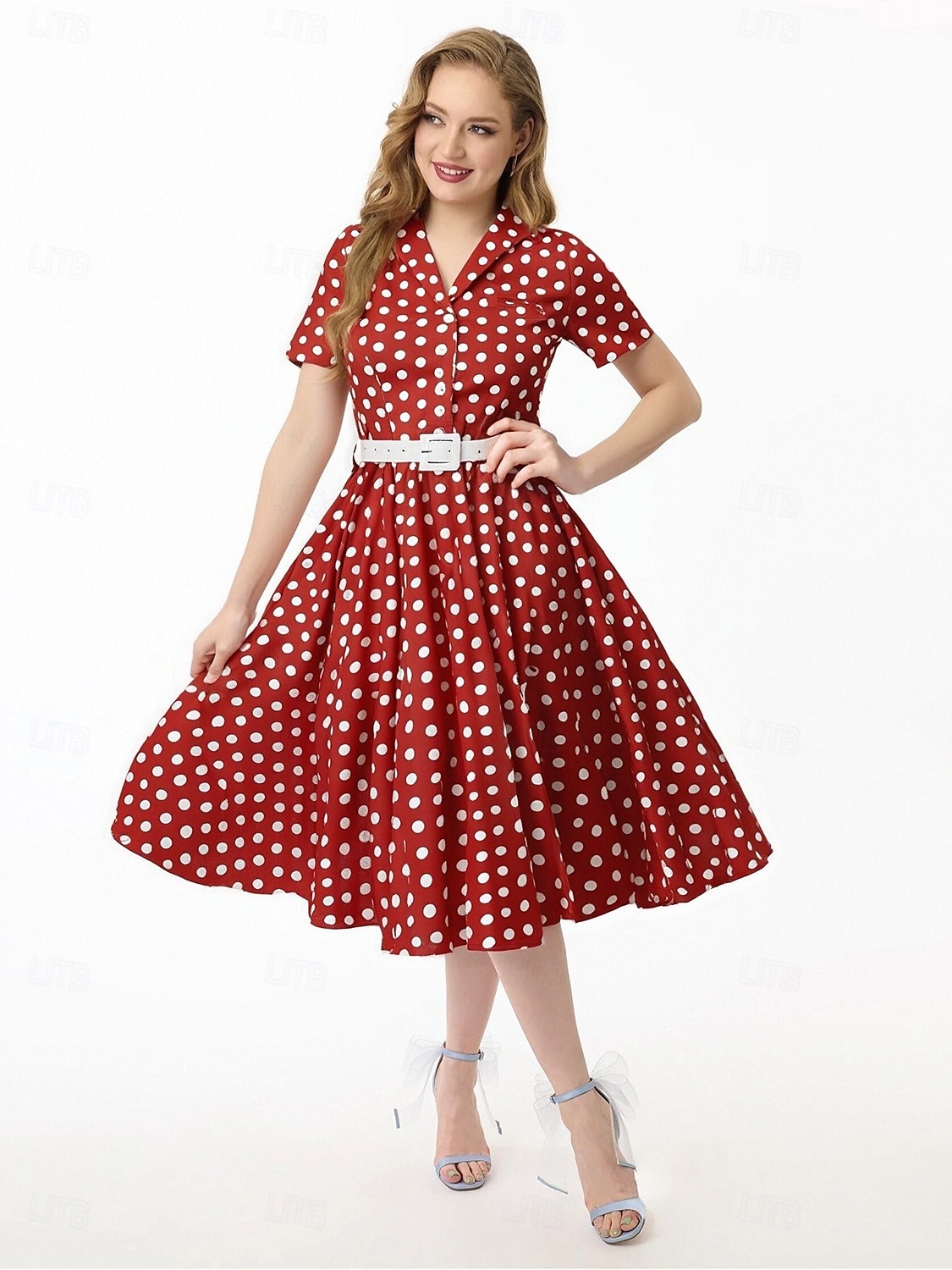 Retro 50. léta Rockabilly Ke kolenům Houpací šaty Flare šaty Košilové šaty S páskem Puntíky Maškarní kostým Dámské Karneval Plesová maškaráda Dovolená Večírek Na den Dospělé Šaty Jaro léto 2025 - $38.99 –P8