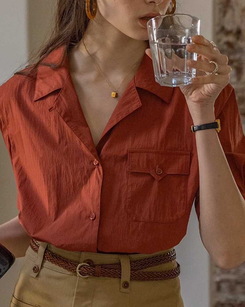 Damen Hemd Bluse Einfach Modern Lässig Kurzarm Hemdkragen Normale Oberteile Ferien Ausgehen Tasche Knöpfe Wein Sommer 2025 - $31.99 –P1